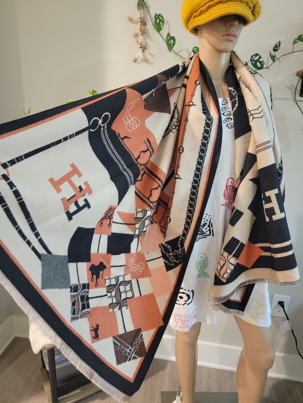 Designer-Inspired Orange & Black Patterned Scarf Wrap Poncho Cape